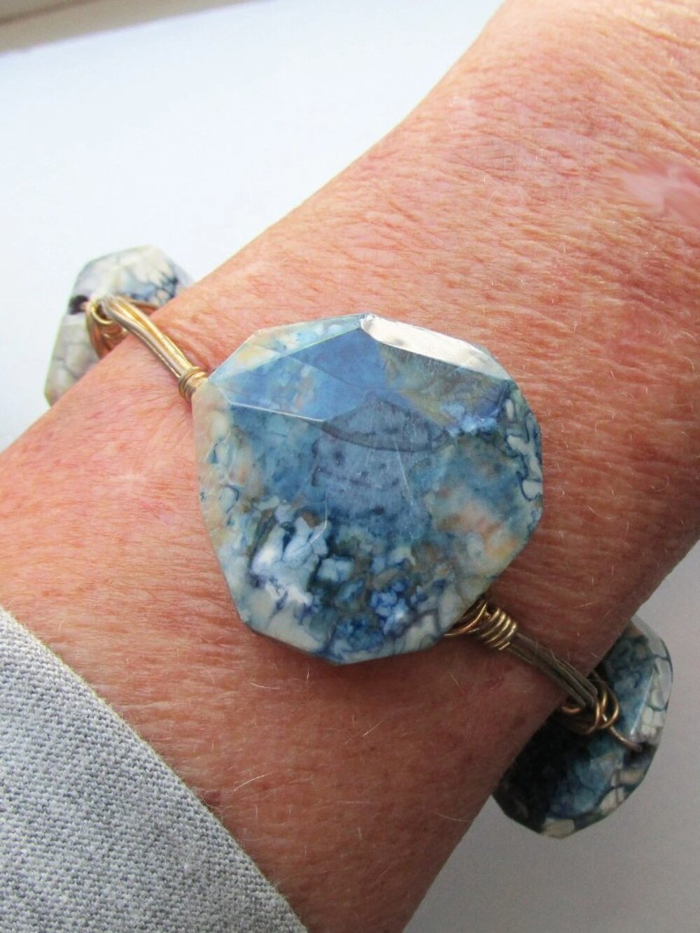 Chunky Handmade Sterling Silver Vermeil Wire Wrapped Lapis Lazuli Cuff Bracelet